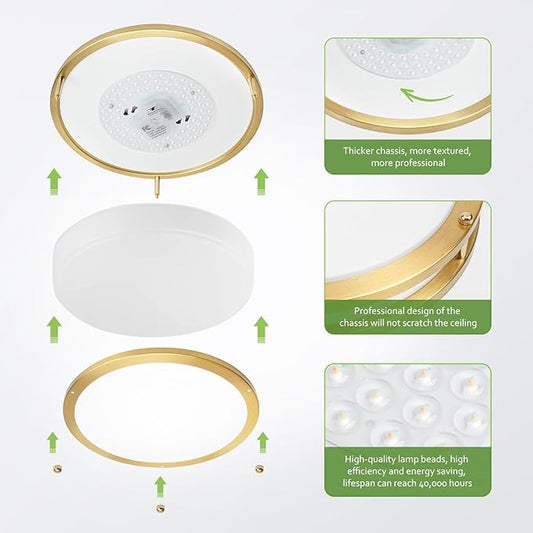 Flush Mount Ceiling Light - 2 Pack 36W 3000K/3500K/4000K/5000K/6000K Dimmable Led Ceiling Light Fixture for Kitchen Hallway Bedroom Bathroom (2, Brushed Gold, 12 Inch)
