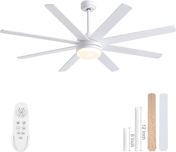 YUHAO 62 Inch White Ceiling Fan with Light and Remote Control.Noiseless,Dimmable,3CCT,6 Speeds Reversible, DC Ceiling Fans for Indoor or Covered Outdoor Use.ETL Listed