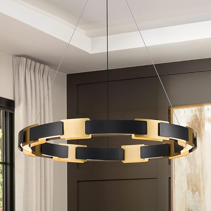 LED Ring Chandelier Modern Black Gold Chandelier for Dining Room 24in Dimmable Circular Chandeliers Light Round Chandeliers Light Fixture for Bedroom Kitchen Entryway Home Office Living Room