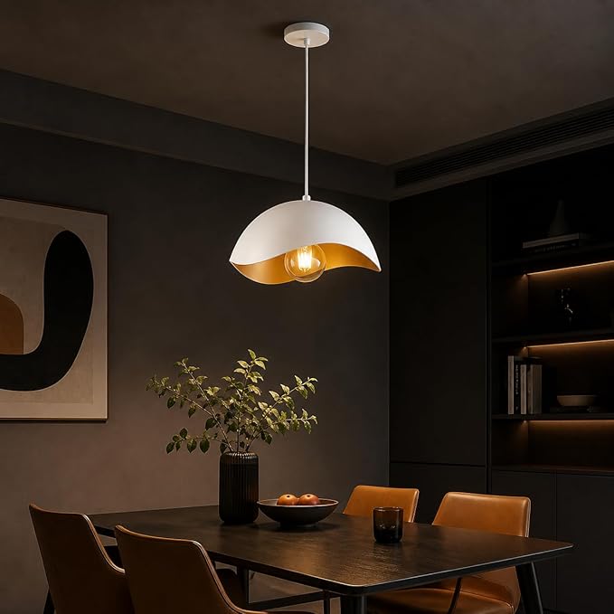 Modern White LED Pendant Light (LED Bulb Included), Soft Ambient Hanging Lamp, Minimalist Ceiling Fixture for Kitchen Island, Dining Room, Scandinavian Style Lighting (2 Pack)