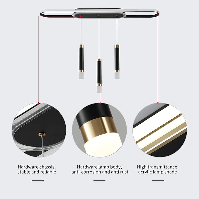 Jaycomey Modern LED Chandelier, Dimmable LED Ceiling Chandelier with Remote Control, 3-Light Acrylic Pendant Light for Dining Room, Kitchen Island, Living Room, 62W Black