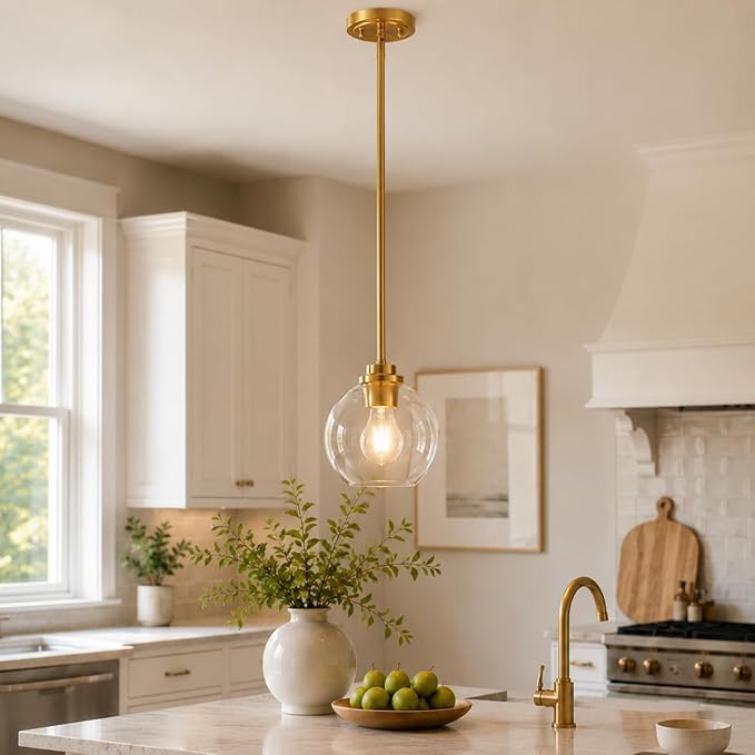 Gold Pendant Light – 7 Inch Clear Glass Farmhouse Hanging Fixture, Adjustable Height & Sloped Ceiling Compatible for Kitchen Island Dining Room Entryway Bedroom Hallway, 1 Pack