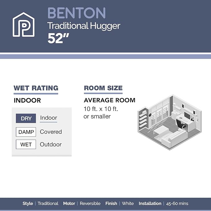 Prominence Home Benton Traditional 52 Inch Ceiling Fan with Light, LED Flush Mount Ceiling Fan, Indoor Fan with 5 Blades, White and Gray Oak Blade Finish Options, White (50852-01)