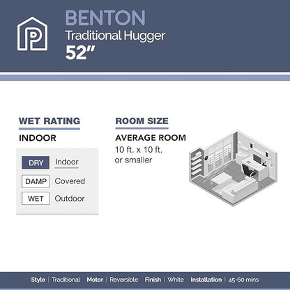 Prominence Home Benton Traditional 52 Inch Ceiling Fan with Light, LED Flush Mount Ceiling Fan, Indoor Fan with 5 Blades, White and Gray Oak Blade Finish Options, White (50852-01)