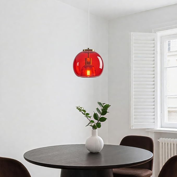 Red Glass Pendant Lights Kitchen Island Gold Hanging Light Fixture Glass Globe Pendant Light Modern Pendant Lighting for Kitchen Island Bedroom Dining Room (7.87", 3 Pack)