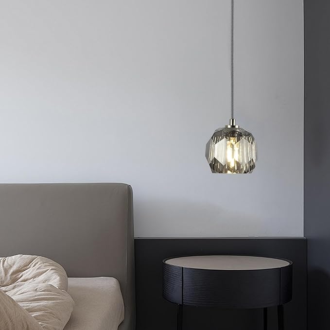 Raindrop Farmhouse Chandelier, Single 1 Light Smoke Crystal Pendant Lights, Modern Nickel Small Hanging Lamp for Dining Room Bedroom Kitchen Island Bathroom