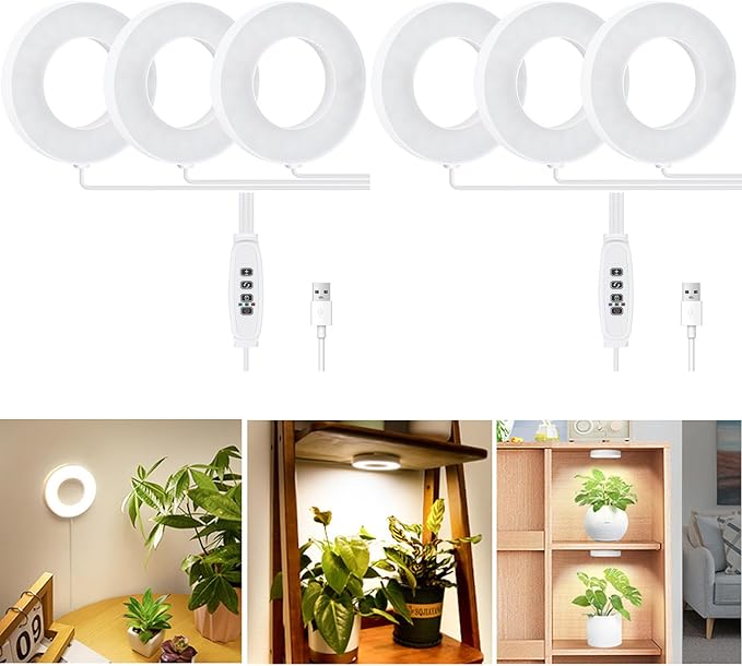 Banax 2 Pack LED Grow Light for Indoor Plants 144 LEDs, Tri-Head Ring Design, 5V/2A 10 Brightness Levels, 3/9/12H Timer, Ideal for Herbs, Succulents & Seedlings（White）