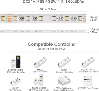 BTF-LIGHTING IP68 Waterproof Outdoor RGBW LED Strip 5050SMD RGB+Warm White(3000K-3500K) 4 Color in 1 DC24V 16.4ft 5m 60LED/m Multi-Colored Light White PCB Can Work Outdoor(No Adapter or Controller)