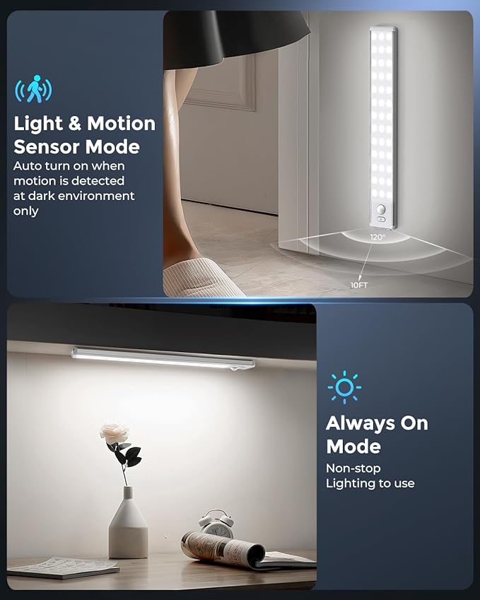 Under Cabinet Lighting - 10.5" Motion Sensor Light Indoor, Magnetic Wireless Closet Lights, Dimmable Led Night Light, Rechargeable Under Counter Lights for Kitchen, Bedroom, Stair, 2 Pack