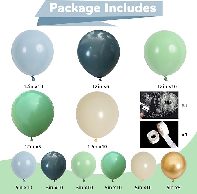 HILAVO Dusty Blue Sage Green Balloon Arch Kit Slate Fog Blue Pastel Green White Sand Beige Gold Balloons Garland for Jungle Safari Birthday Baby Shower Wedding Party Decorations
