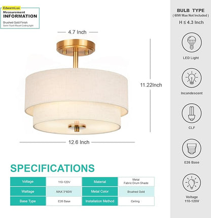 Edwarmlux 3-Light Semi Flush Mount Ceiling Light Fixture, 12.6" Gold Drum Light with White Fabric Shade, Modern Close to Ceiling Light for Living Room Bedroom Dining Room Kitchen Hallway Entry Foyer