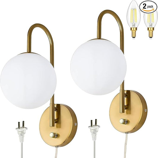 Dimmable E12 Wall Sconces Set of 2,Plug in Wall Sconces with 6.56ft Power Cord,Globe Electric Plug in Wall Sconce,Wall Lights with Milky White Glass Globe Shade(2 Bulbs Included)