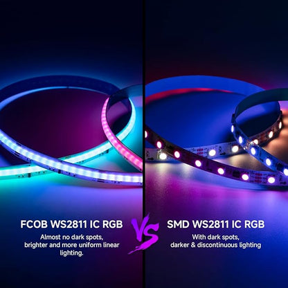 BTF-LIGHTING FCOB IP66 WS2811 IC RGB COB LED Strip 16.4FT DC12V 576LED/m Flexible High Density Color Chasing Uniform Light 16IC/m 10mm Width for Indoor Lighting Project(No Adapter or Controller)