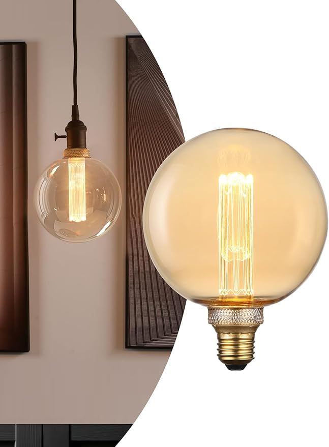 ESCENA Artist Series LED Globe Decorative Light Bulb 3.5W, G125 Round Edison Bulbs Dimmable, Virtual Filament Vintage Edison Bulb, Amber, E26 Medium Base, 2000K Soft Warm, UL Listed