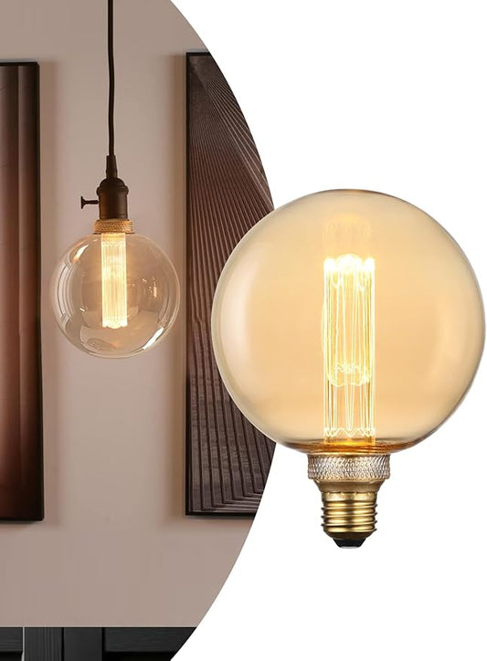 ESCENA Artist Series LED Globe Decorative Light Bulb 3.5W, G125 Round Edison Bulbs Dimmable, Virtual Filament Vintage Edison Bulb, Amber, E26 Medium Base, 2000K Soft Warm, UL Listed
