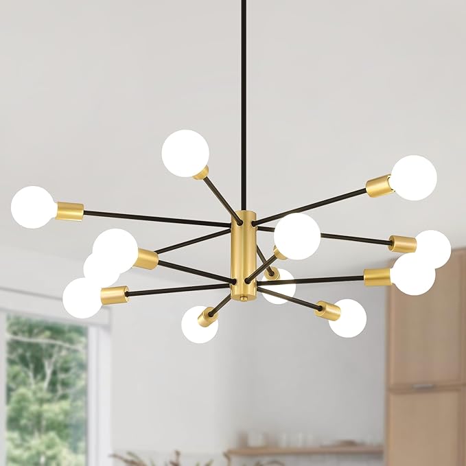 AMZASA Sputnik Chandeliers Ceiling Light Fixture, 12 Lights Modern Farmhouse Chandelier Black and Gold Mid Century Pendant Light for Dining Room, Living Room, Kitchen Island Entryway Foyer, UL Listed