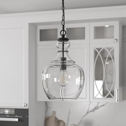Henn&Hart 11" Mid-Century Modern Pendant Light Fixture with Clear Glass Dome Shade and 6' Adjustable Cord for Kitchen Island, Dining Room or Game Room, Blackened Bronze
