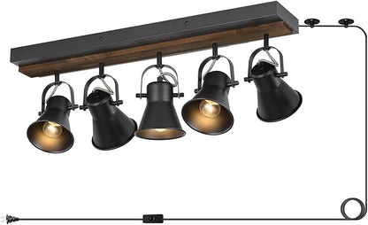 KEESFU 5-Light Plug in Track Lighting Kit,Black Semi Flush Mount Ceiling Light with 5 Rotatable Light Heads,Modern Farmhouse Lighting for Livingroom,Bedroom,Hallway,Art Wall,Bathroom,Kitchen.
