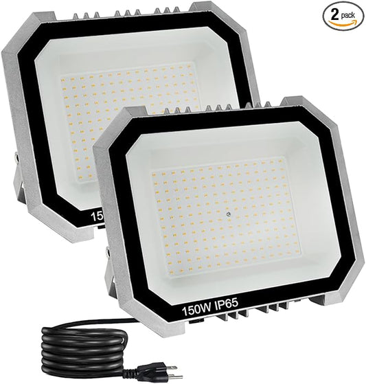 Leddictive 2 Pack LED Flood Lights Outdoor, 150W 15000LM Super Bright Floodlight Outside Work Light with 5.9FT Plug, IP65 Waterproof 6000K Outdoor LED Flood Light for Garage, Yard, Lawn, Garden