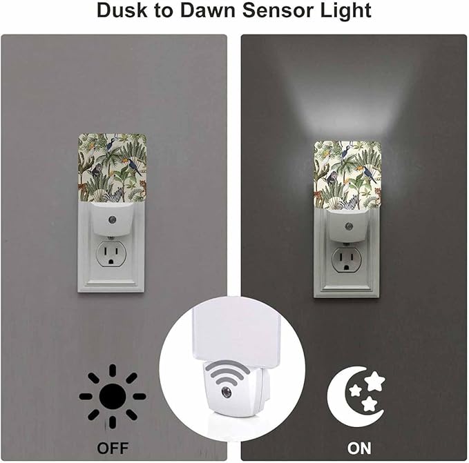 LED Night Light,Tropic Exotic Trees And Animals LED Night Light Plug into Wall with Dusk to Dawn Light Sensor White Energy Efficient Nightlight for Bedroom Bathroom Hallway Living Room Kitchen