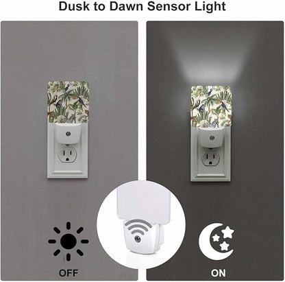 LED Night Light,Tropic Exotic Trees And Animals LED Night Light Plug into Wall with Dusk to Dawn Light Sensor White Energy Efficient Nightlight for Bedroom Bathroom Hallway Living Room Kitchen
