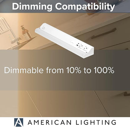 American Lighting LED Courant Plus Undercabinet Light 18 Inch 5CCT 90+ CRI 1000 Lumens with USB-A USB-C and 20A Receptacles White Finish Title 24 Compliant