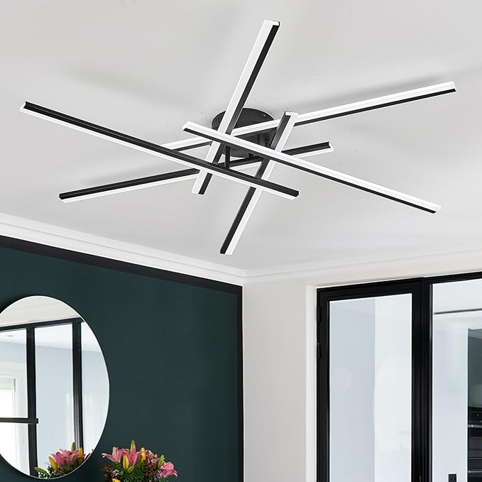 Modern LED Chandelier with Remote Control, 6-Lights Black Semi-Flush Mount Ceiling Lighting Fixture for Living Room, Bedroom, Dining Room 60W