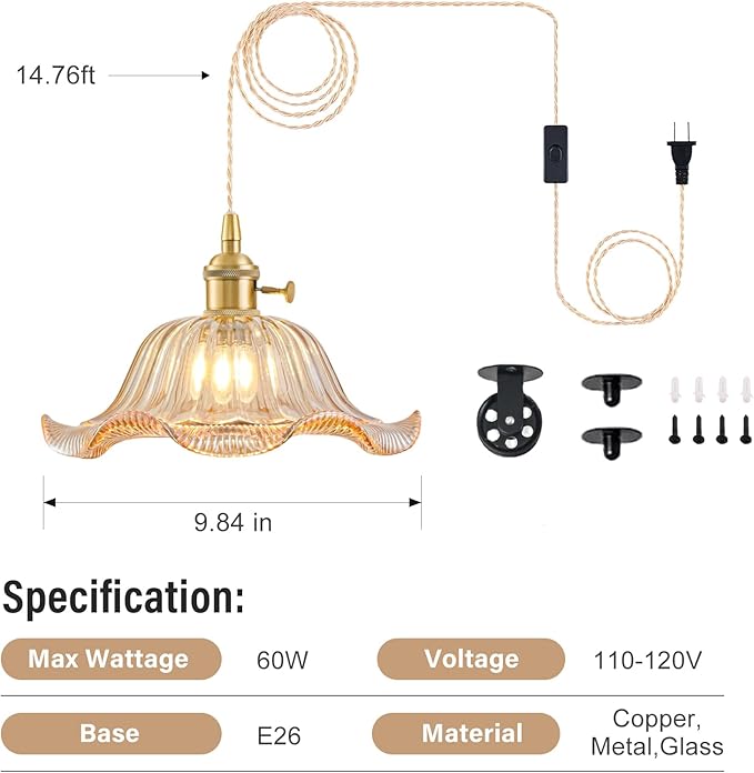 Plug in Pendant Light Vintage, Adjustable Pulley Hanging Lamp with Amber Lily Glass Shade, Brass Hanging Lights with Plug in Cord for Bedroom Kitchen, Compatible with Indoor Plant Grow Light Bulbs
