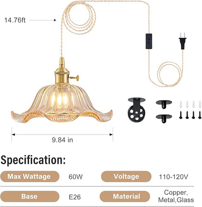 Plug in Pendant Light Vintage 2 Pack, Adjustable Pulley Hanging Lamp with Amber Lily Glass Shade, Brass Hanging Lights with Plug in Cord, Gold Hanging Pendant Light for Bedroom Living Room Kitchen