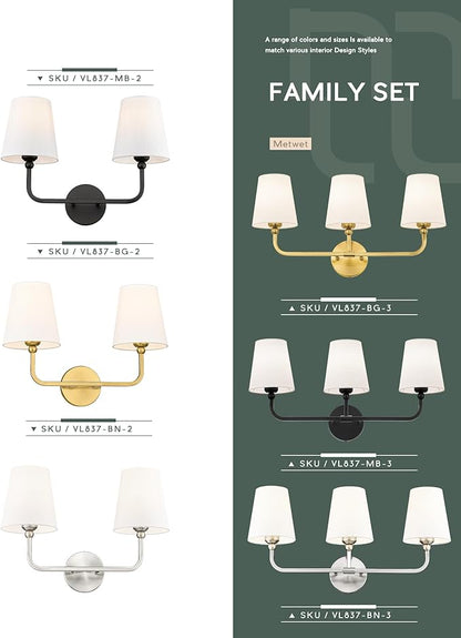 Bathroom Light Fixtures, Brushed Nickel Vanity Lights with Flared White Fabric Shade, 3 Light Wall Sconce, Modern Sconces Wall Lighting for Hallway Bedroom, VL837-BN-3