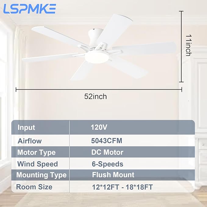 Ceiling Fans with Lights, 52" Flush Mount Ceiling Fan with Light and Remote, Quiet, Reversible, 3CCT, Dimmable, White, RGB, Low Profile Ceiling Fan for Bedroom, Living Room, Indoor/Outdoor Use