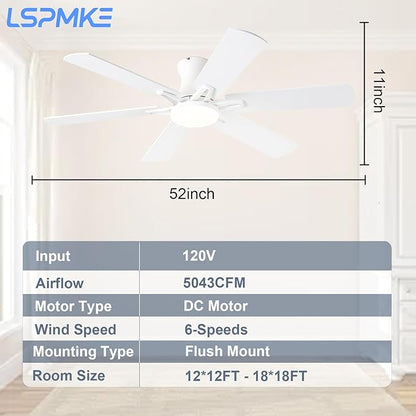 Ceiling Fans with Lights, 52" Flush Mount Ceiling Fan with Light and Remote, Quiet, Reversible, 3CCT, Dimmable, White, RGB, Low Profile Ceiling Fan for Bedroom, Living Room, Indoor/Outdoor Use