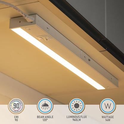 TORCHSTAR LED Under Cabinet Lighting 3CCT, 22 Inch 14W 960LM, Hardwired & Plug-in, 3 Color Selectable CRI90 120V ETL Listed Dimmable Under Counter Lights for Kitchen, White Aluminum Housing, 2 Pack
