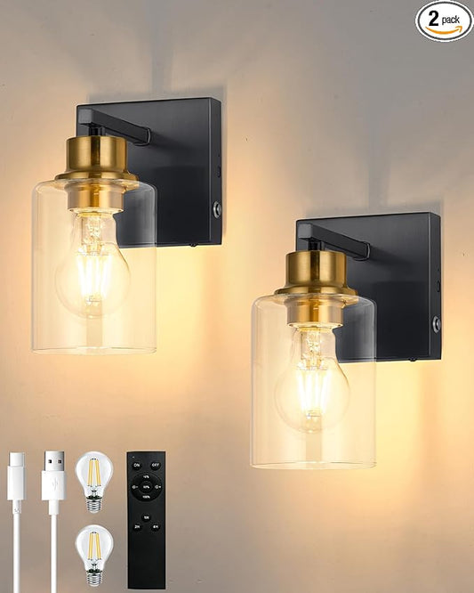 Battery Operated Wall Sconce Set of 2, Black & Gold Rechargeable Wall Lights with Timer Function, Easy Install Dimmable Wireless Wall Lamps for Living Room, Bedroom, Hallway, Entryway Decor 3000K