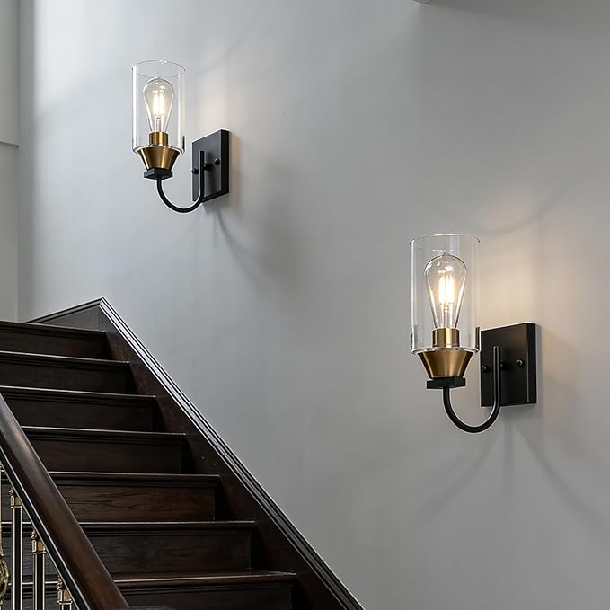 Bathroom Wall Sconces Set of 2,Black and Gold Farmhouse Lantern Sconces Set of 2,Side Light for Wall,Modern Hallway Wall Light(2 Pack) No Bulbs