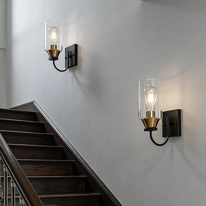 Bathroom Wall Sconces Set of 2,Black and Gold Farmhouse Lantern Sconces Set of 2,Side Light for Wall,Modern Hallway Wall Light(2 Pack) No Bulbs