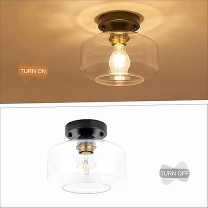 BISAMIYA Modern Semi Flush Mount Ceiling Light - Matte Black with Brass Accent & 8.66” Clear Glass Shade - for Kitchen, Dining Room, Hallway & Entryway