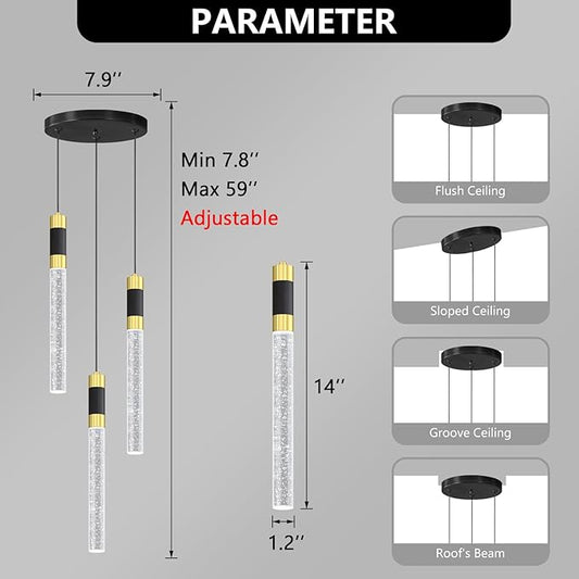 Modern Pendant Lighting 3-Lights LED Crystal Kitchen Island Pendant Light Dimmable with Remote Control 3000K-6000K for Dining Room Over Table Pendant Lights Fixtures
