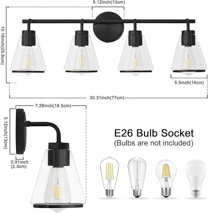 Black Bathroom Light Fixtures 4 Light Bathroom Vanity Lights Over Mirror with Clear Glass Shade, 30 Inch Vanity Lights for Bedroom Modern Wall Sconce Lighting (Exclude E26 Bulb)