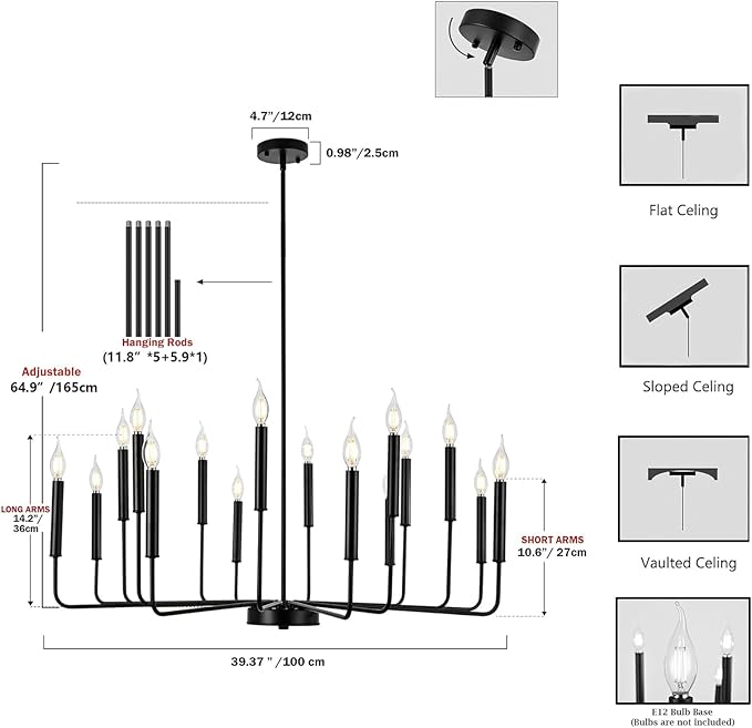 WOKNOS Modern Black Farmhouse Chandeliers, 16-Light Industrial Metal Chandelier Lighting, Classic Candle Hanging Pendant Light Fixtures for Kitchen Island, Living Room, Dining Room, Stair