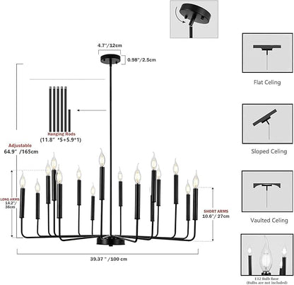 WOKNOS Modern Black Farmhouse Chandeliers, 16-Light Industrial Metal Chandelier Lighting, Classic Candle Hanging Pendant Light Fixtures for Kitchen Island, Living Room, Dining Room, Stair