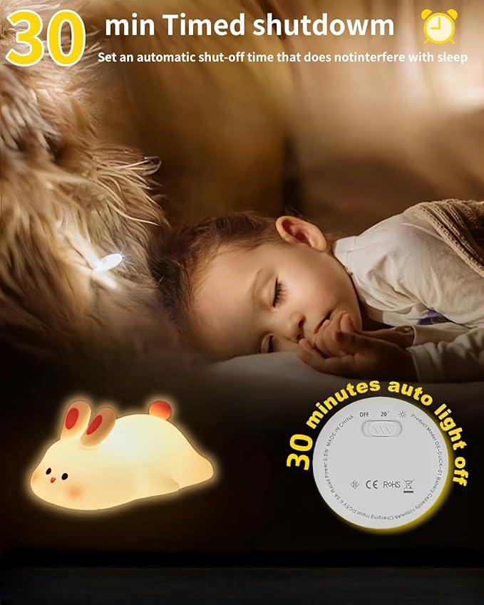 Big Face Rabbit Silicone Night Light, Squishy Bunny Lamp with Touch Control, 30-Min Timer, Rechargeable Kids Night Light for Bedroom Nursery, [Mothers Day Gifts]