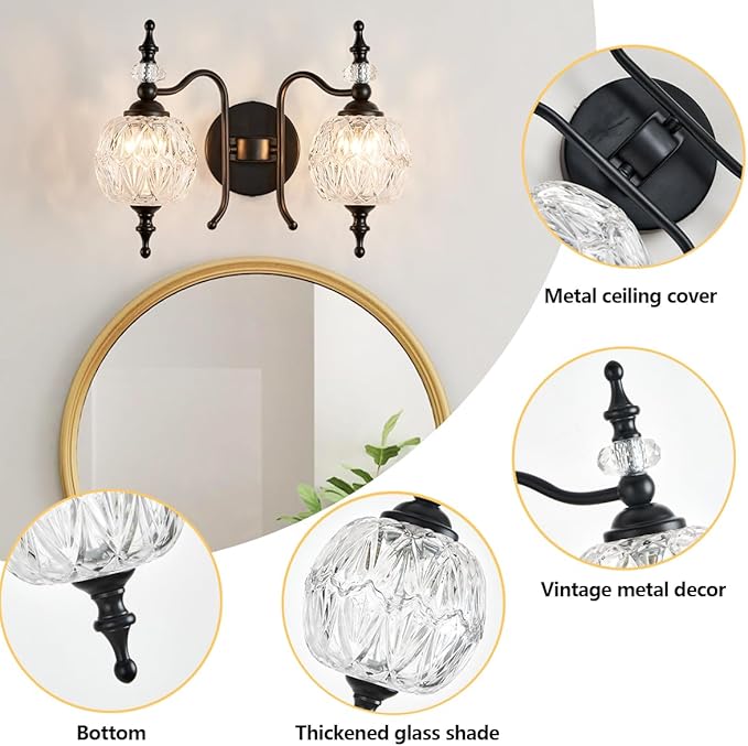 Vintage Crystal Bathroom Wall Sconces Black 2-Light Antique Vanity Light Fixtures Retro Wall Sconce Light with Crystal Glass Shade for Bathroom Bedroom Dinning Room