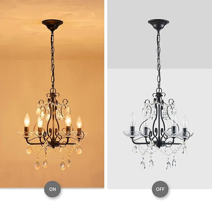 WUZUPS Crystal Candle Chandelier Pendant Flushmount Ceiling Light Modern Lighting Fixture for Bedroom Hallway Bar Kitchen Bathroom, H 14" x W 16", Black, E12 Base