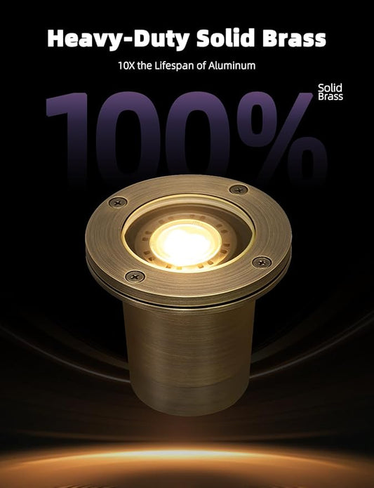 MALORY Brass Landscape Well Lights,(φ99 mm) 12V Low Voltage Outdoor In Ground Lights,Heavy Outdoor Lighting for Pathway, Driveway and Garden (Full Brass -01A, 4-Pack with Bulb)
