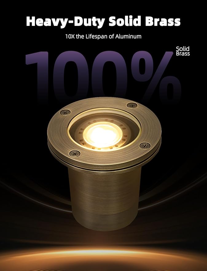MALORY Brass Landscape Well Lights,(φ99 mm) 12V Low Voltage Outdoor In Ground Lights,Landscape Lighting for Pathway, Driveway and Garden (Full Brass -01A, 1-Pack with Bulb)