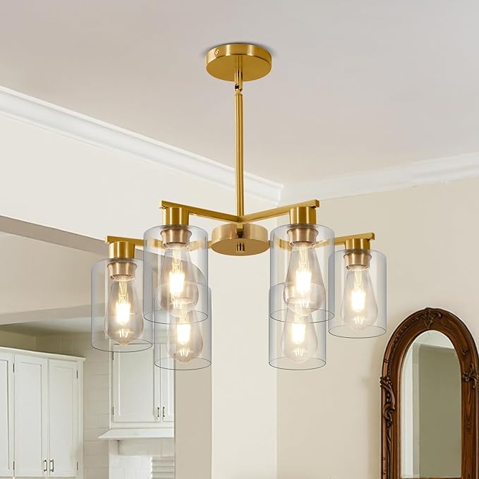 6-Light Modern Gold Chandelier Farmhouse Dining Room Light Fixture with Clear Glass Shade Hanging Ceiling Pendant Lighting for Kitchen Island Living Room Hallway