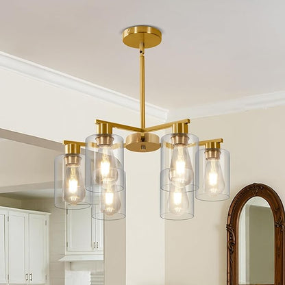 6-Light Modern Gold Chandelier Farmhouse Dining Room Light Fixture with Clear Glass Shade Hanging Ceiling Pendant Lighting for Kitchen Island Living Room Hallway