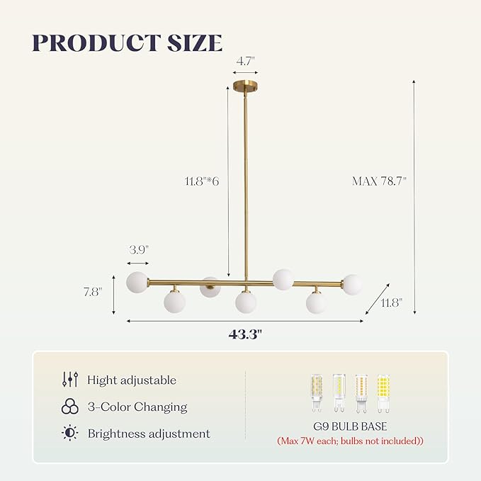 Mid Century Chandelier, Gold Sputnik Pendant Light with White Glass Lampshade,7 Lights Globe Rectangle Linear Chandeliers for Dining Room Kitchen L43.3 in x W11.8 in