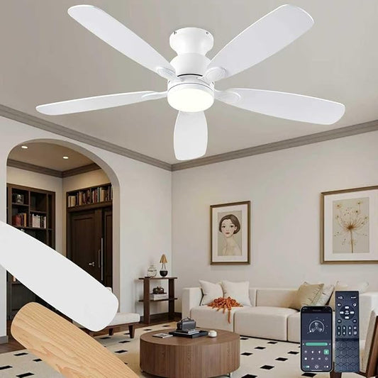 NKPU 52inch Ceiling Fans with Lights, Low Profile White Ceiling Fan with Light and Remote/APP Control, DC Reversible Motor, Noiseless, Flush Mount Ceiling Fan for Bedroom Living Room Patios